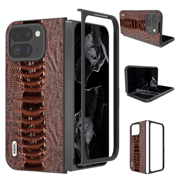 ABEEL For Google Pixel 9 Pro Fold 5G Case Crocodile Texture Genuine Cow Leather+PC Phone Cover - Coffee