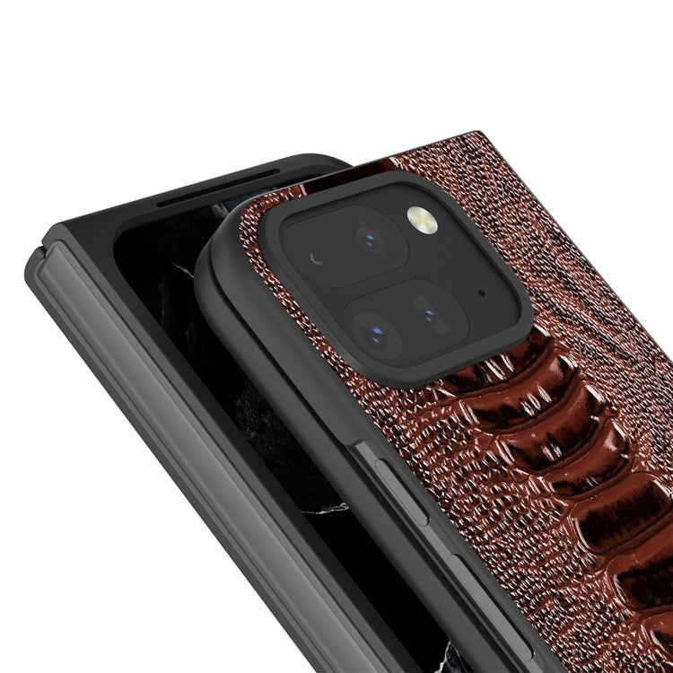 ABEEL For Google Pixel 9 Pro Fold 5G Case Crocodile Texture Genuine Cow Leather+PC Phone Cover - Coffee