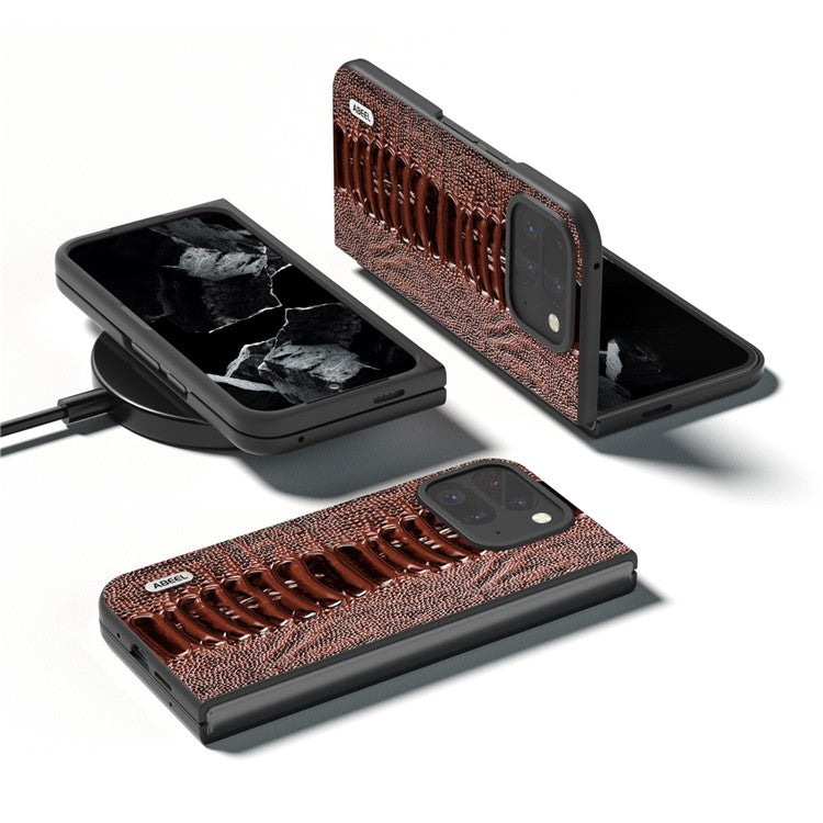 ABEEL For Google Pixel 9 Pro Fold 5G Case Crocodile Texture Genuine Cow Leather+PC Phone Cover - Coffee