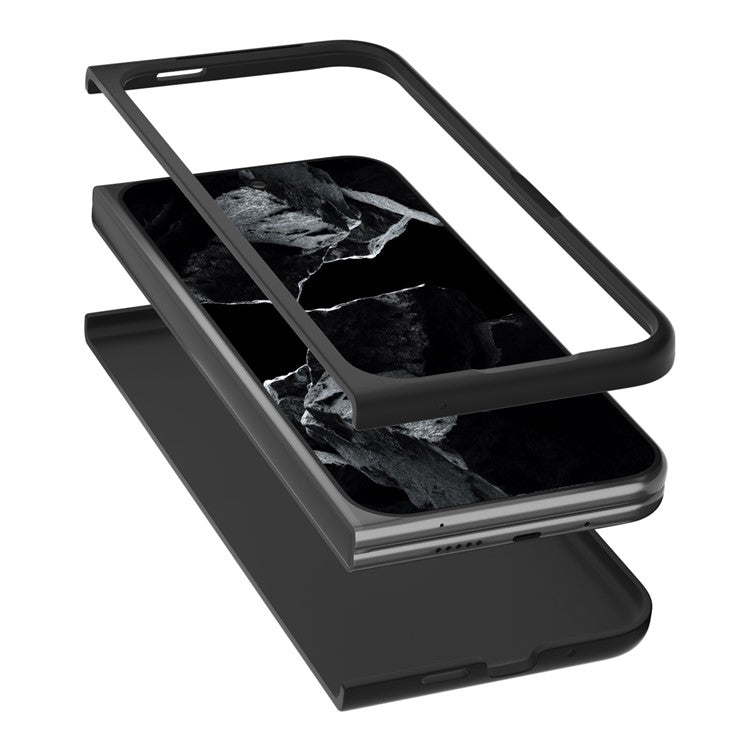 ABEEL For Google Pixel 9 Pro Fold 5G Case Crocodile Texture Genuine Cow Leather+PC Phone Cover - Black