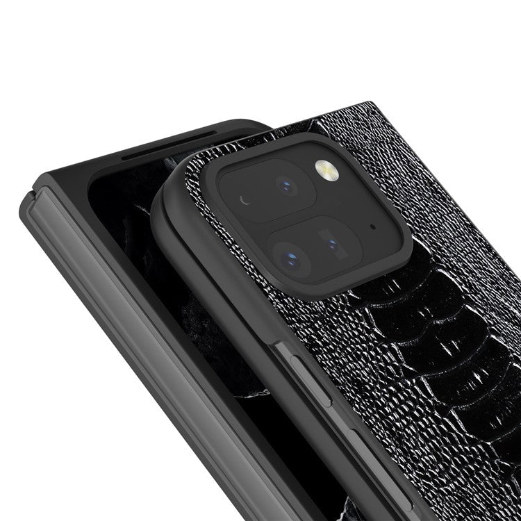 ABEEL For Google Pixel 9 Pro Fold 5G Case Crocodile Texture Genuine Cow Leather+PC Phone Cover - Black