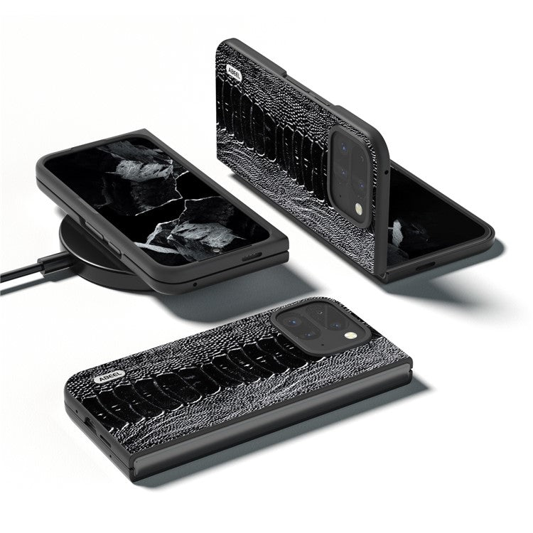 ABEEL For Google Pixel 9 Pro Fold 5G Case Crocodile Texture Genuine Cow Leather+PC Phone Cover - Black