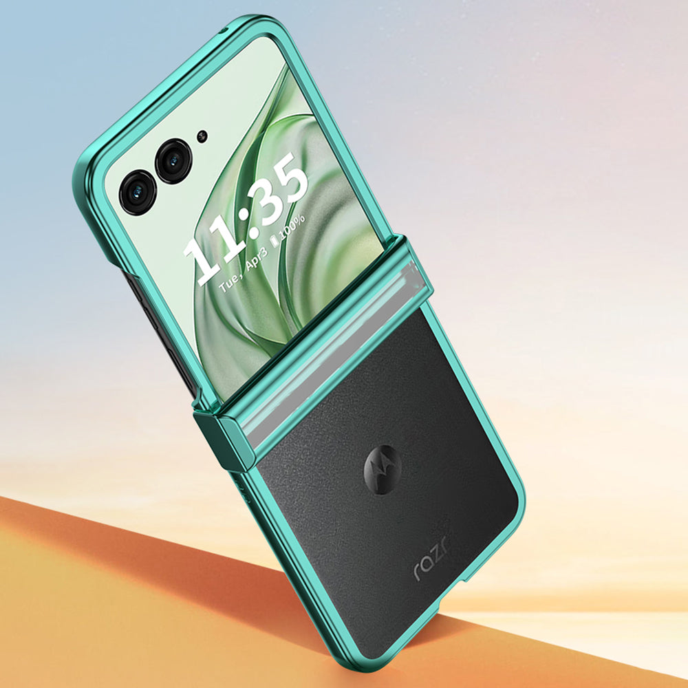 For Motorola Razr 50 Ultra 5G Clear Case Hinge Design Electroplating PC Phone Cover - Green