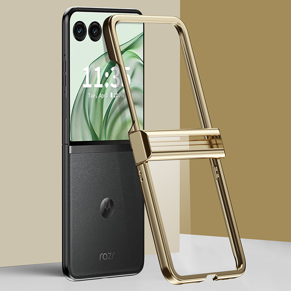 For Motorola Razr 50 Ultra 5G Clear Case Hinge Design Electroplating PC Phone Cover - Champagne Gold