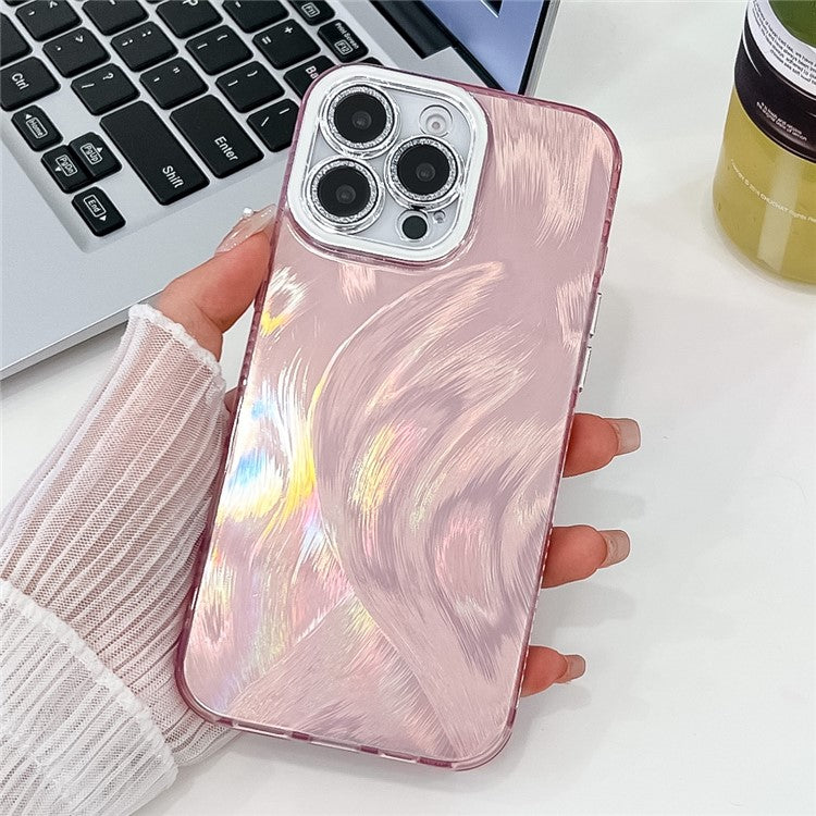 For iPhone 16 Pro Case IMD Design Shockproof PC+TPU Phone Cover with Glass Lens Film - Feather Yarn Pattern / Pink