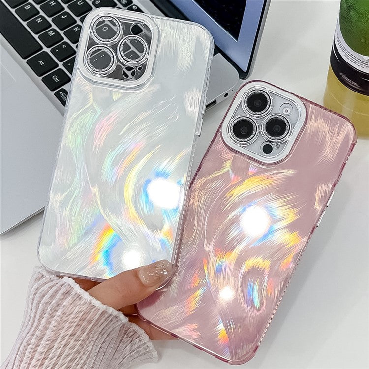 For iPhone 16 Pro Case IMD Design Shockproof PC+TPU Phone Cover with Glass Lens Film - Feather Yarn Pattern / Pink