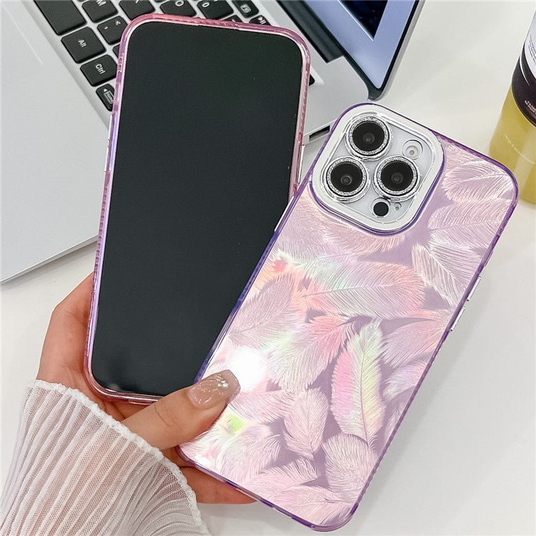 For iPhone 16 Pro Case IMD Design Shockproof PC+TPU Phone Cover with Glass Lens Film - Feather Yarn Pattern / Pink
