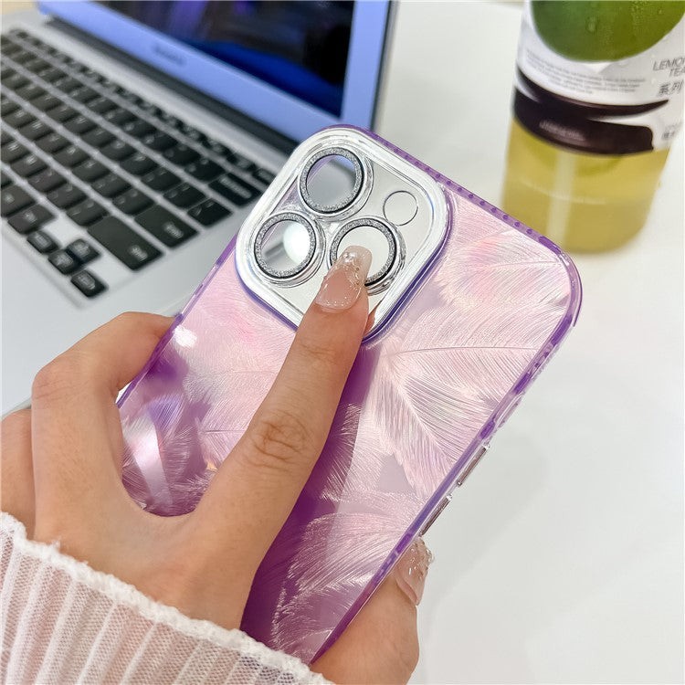 For iPhone 16 Pro Case IMD Design Shockproof PC+TPU Phone Cover with Glass Lens Film - Feather Yarn Pattern / Pink