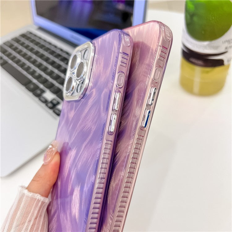 For iPhone 16 Pro Case IMD Design Shockproof PC+TPU Phone Cover with Glass Lens Film - Feather Yarn Pattern / Pink