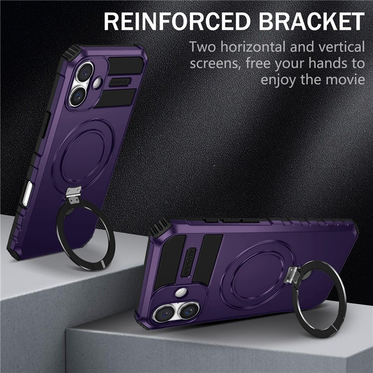For iPhone 16 Plus Magnetic Case PC+TPU Anti-Scratch Phone Cover with Ring Holder - Purple