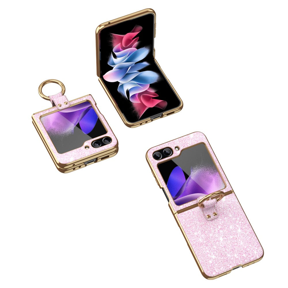 For Samsung Galaxy Z Flip7 FE 5G / Z Flip6 5G Case Glitter Leather+PC Electroplating Phone Cover Ring Kickstand - Pink