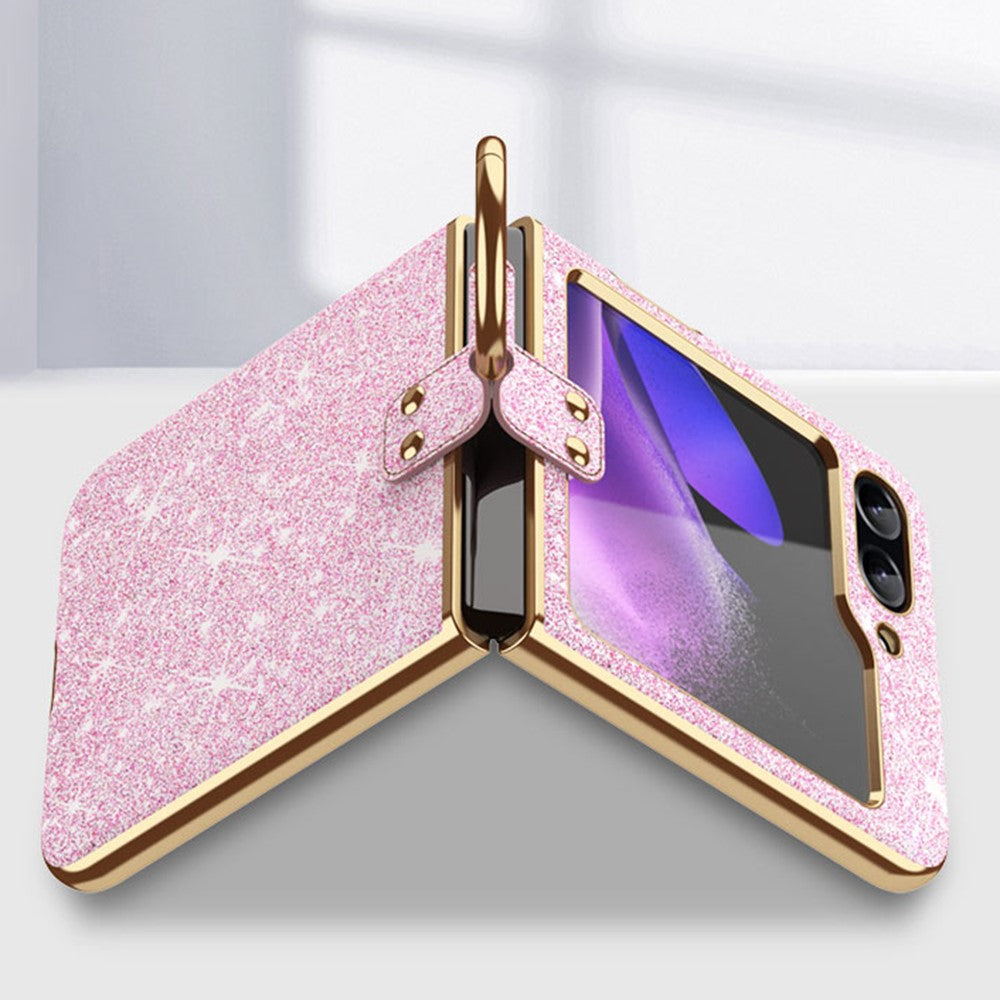 For Samsung Galaxy Z Flip7 FE 5G / Z Flip6 5G Case Glitter Leather+PC Electroplating Phone Cover Ring Kickstand - Pink