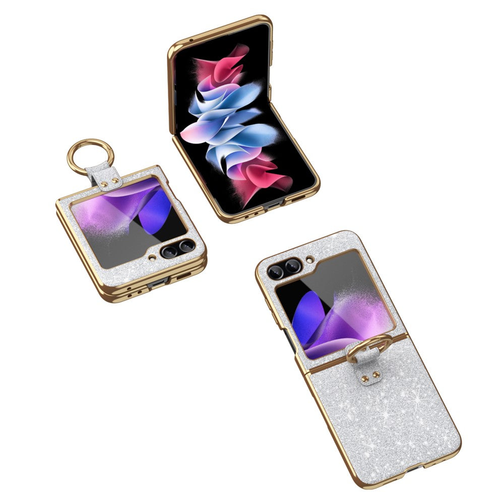 For Samsung Galaxy Z Flip7 FE 5G / Z Flip6 5G Case Glitter Leather+PC Electroplating Phone Cover Ring Kickstand - Silver