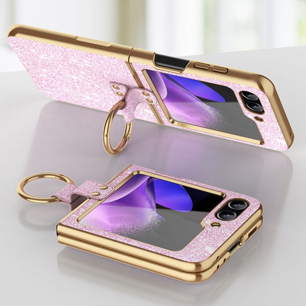 For Samsung Galaxy Z Flip7 FE 5G / Z Flip6 5G Case Glitter Leather+PC Electroplating Phone Cover Ring Kickstand - Gold
