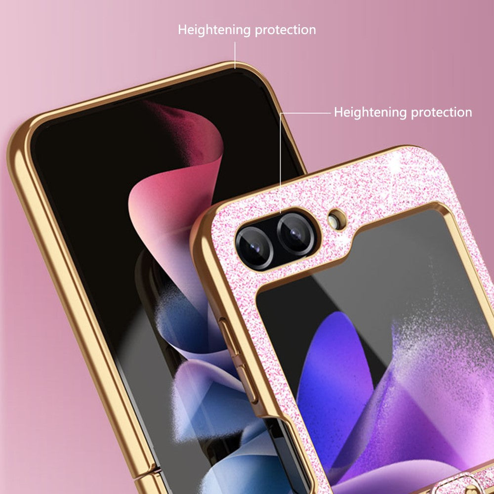 For Samsung Galaxy Z Flip7 FE 5G / Z Flip6 5G Case Glitter Leather+PC Electroplating Phone Cover Ring Kickstand - Gold