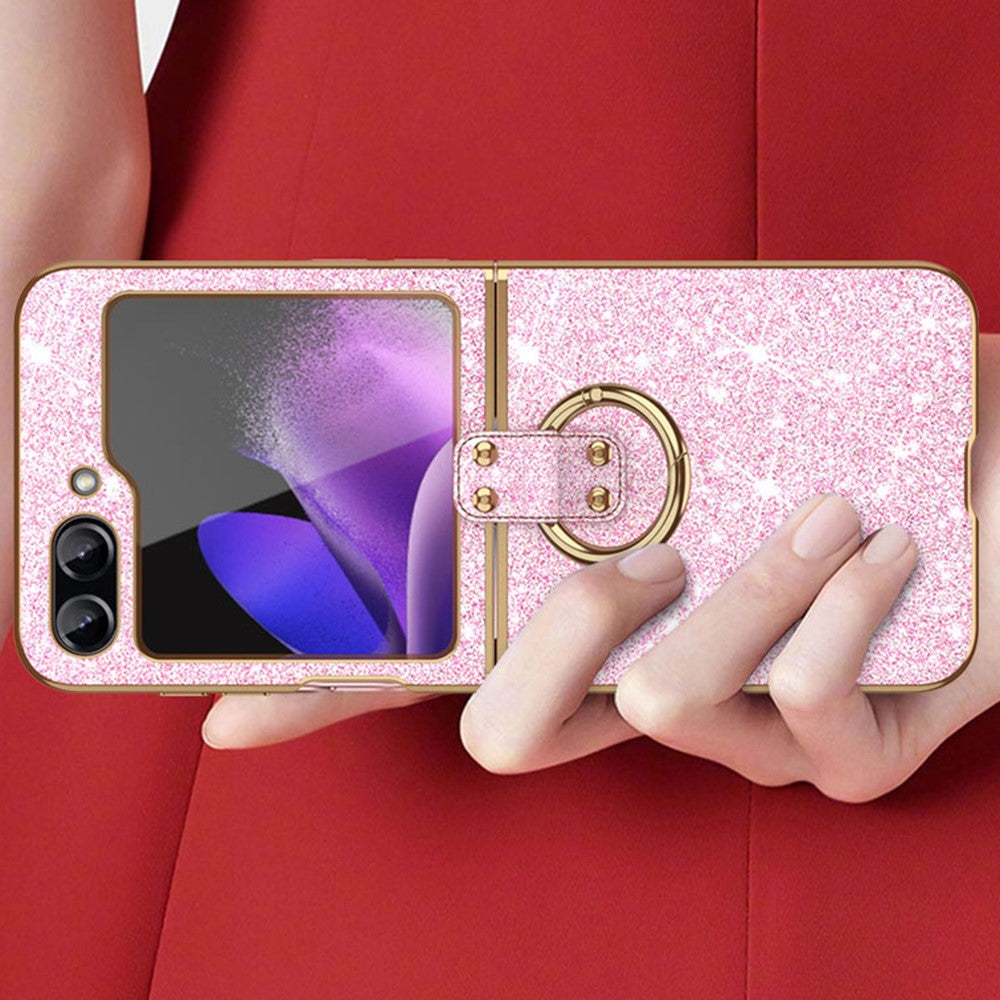 For Samsung Galaxy Z Flip7 FE 5G / Z Flip6 5G Case Glitter Leather+PC Electroplating Phone Cover Ring Kickstand - Gold