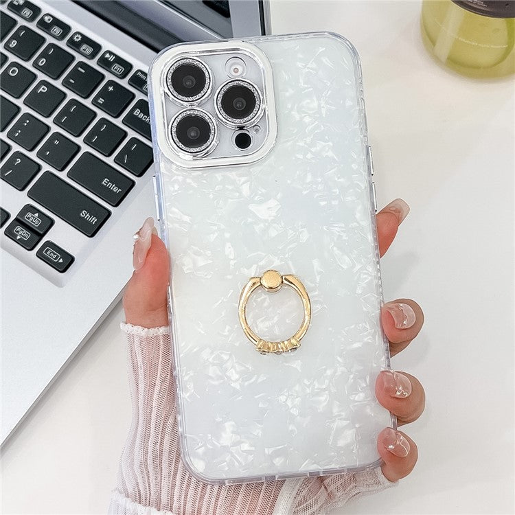For iPhone 16 Pro Case with Lens Film IMD Anti-Scratch PC+TPU Phone Cover Ring Holder Kickstand - Shell Pattern / White