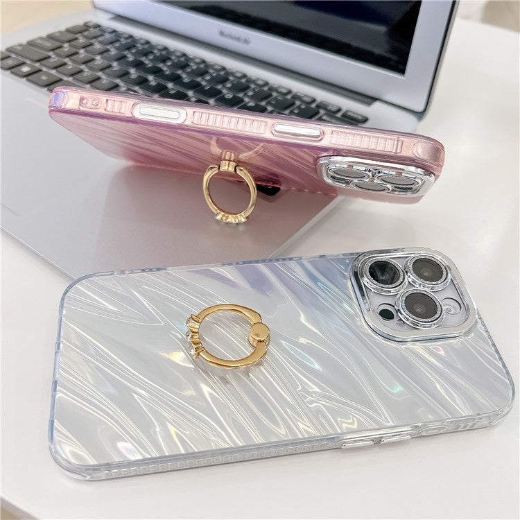 For iPhone 16 Pro Case with Lens Film IMD Anti-Scratch PC+TPU Phone Cover Ring Holder Kickstand - Shell Pattern / White