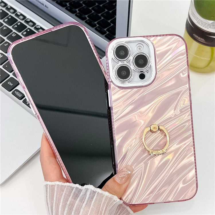 For iPhone 16 Pro Case with Lens Film IMD Anti-Scratch PC+TPU Phone Cover Ring Holder Kickstand - Shell Pattern / White