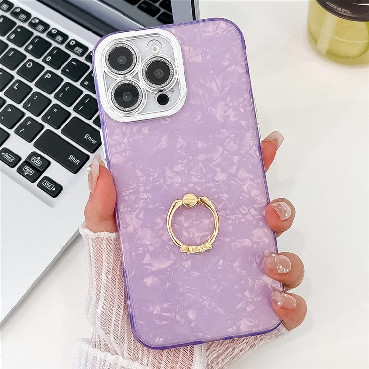 For iPhone 16 Pro Case with Lens Film IMD Anti-Scratch PC+TPU Phone Cover Ring Holder Kickstand - Shell Pattern / Purple