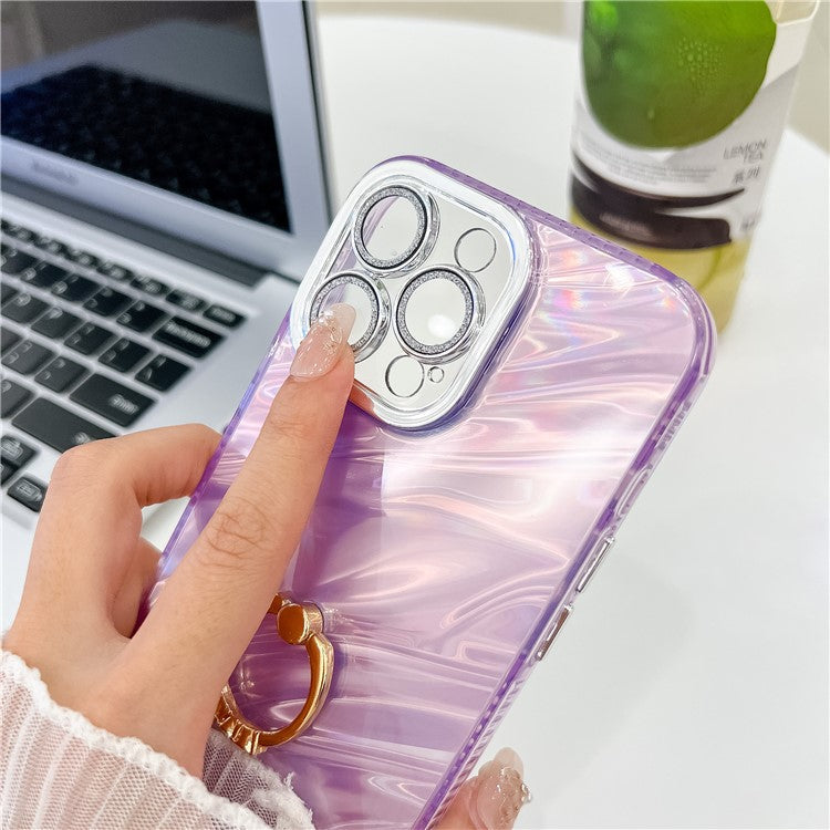 For iPhone 16 Pro Case with Lens Film IMD Anti-Scratch PC+TPU Phone Cover Ring Holder Kickstand - Shell Pattern / Purple