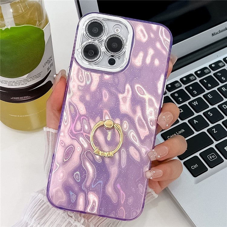 For iPhone 16 Pro Case with Lens Film IMD Anti-Scratch PC+TPU Phone Cover Ring Holder Kickstand - Wrinkle Pattern / Purple
