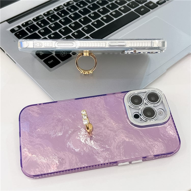 For iPhone 16 Pro Case with Lens Film IMD Anti-Scratch PC+TPU Phone Cover Ring Holder Kickstand - Wrinkle Pattern / Purple