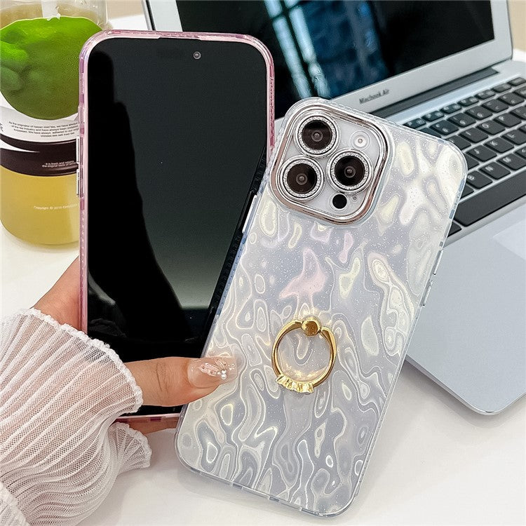 For iPhone 16 Pro Case with Lens Film IMD Anti-Scratch PC+TPU Phone Cover Ring Holder Kickstand - Wrinkle Pattern / Purple