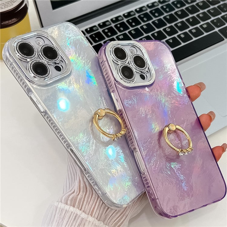 For iPhone 16 Pro Case with Lens Film IMD Anti-Scratch PC+TPU Phone Cover Ring Holder Kickstand - Wrinkle Pattern / Purple