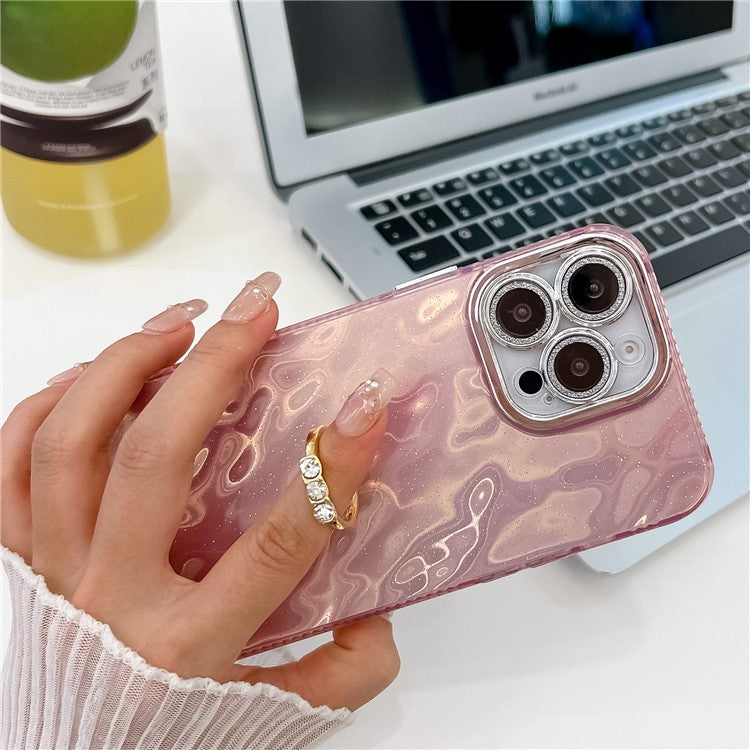 For iPhone 16 Pro Case with Lens Film IMD Anti-Scratch PC+TPU Phone Cover Ring Holder Kickstand - Wrinkle Pattern / Purple
