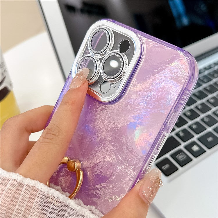 For iPhone 16 Pro Case with Lens Film IMD Anti-Scratch PC+TPU Phone Cover Ring Holder Kickstand - Wrinkle Pattern / Purple
