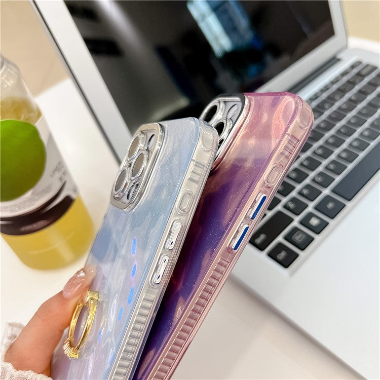 For iPhone 16 Pro Case with Lens Film IMD Anti-Scratch PC+TPU Phone Cover Ring Holder Kickstand - Wrinkle Pattern / Purple