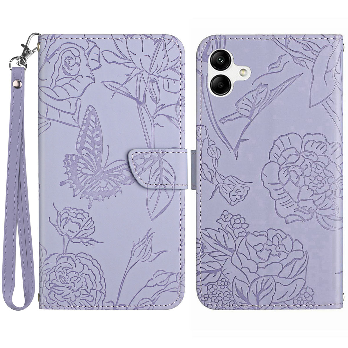 HT03 For Samsung Galaxy A06 Leather Case with Hand Strap Butterfly Flower Imprint - Purple