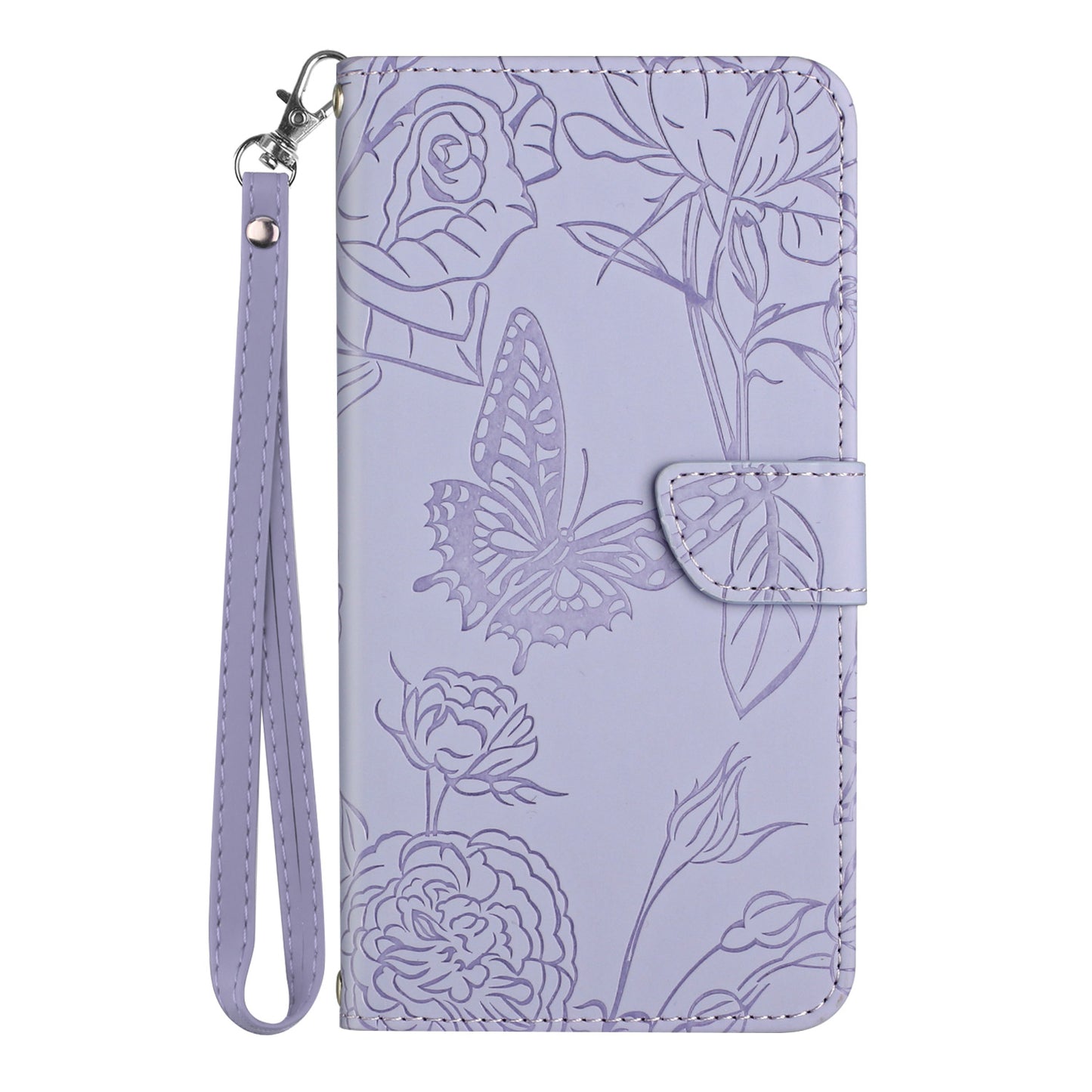 HT03 For Samsung Galaxy A06 Leather Case with Hand Strap Butterfly Flower Imprint - Purple