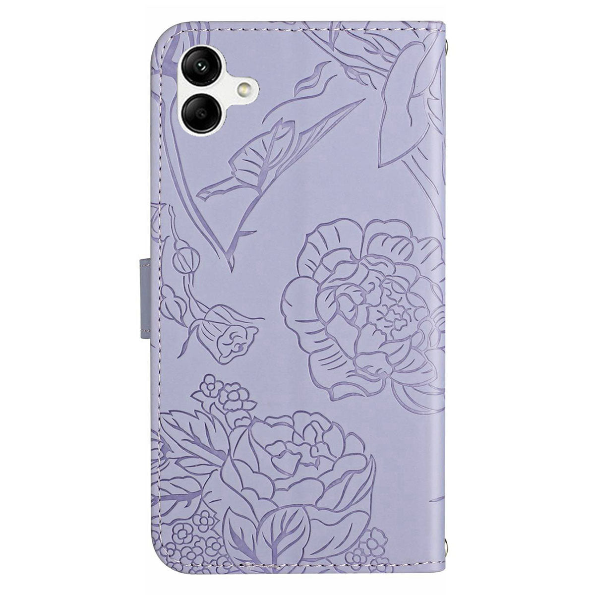 HT03 For Samsung Galaxy A06 Leather Case with Hand Strap Butterfly Flower Imprint - Purple