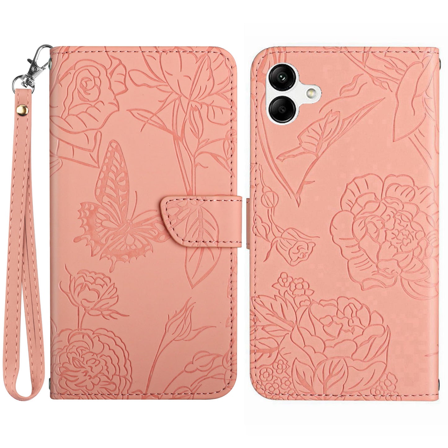 HT03 For Samsung Galaxy A06 Leather Case with Hand Strap Butterfly Flower Imprint - Pink