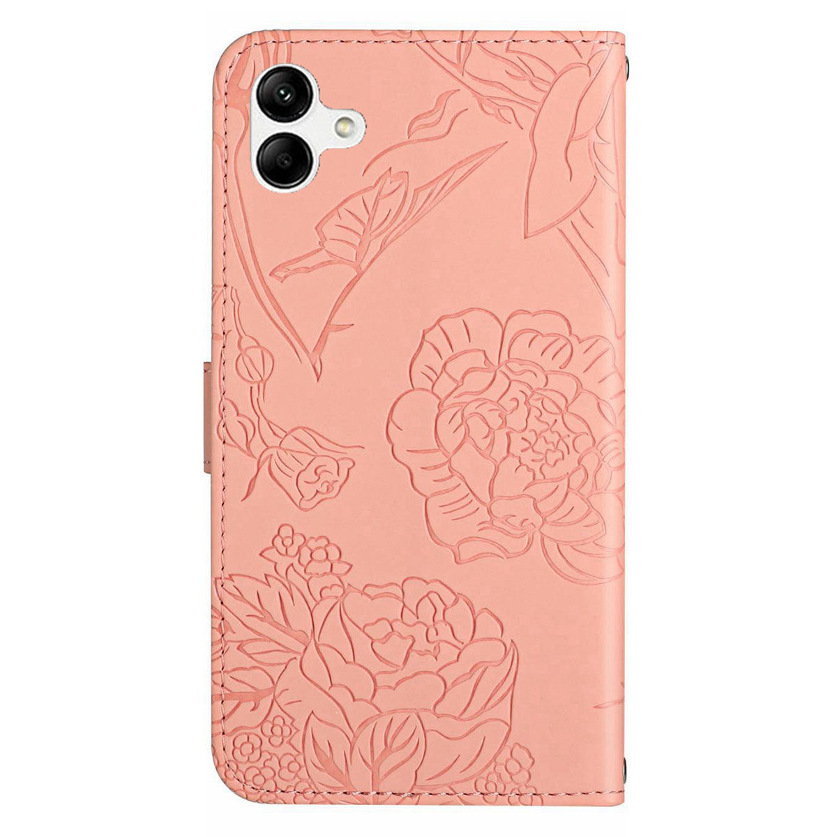 HT03 For Samsung Galaxy A06 Leather Case with Hand Strap Butterfly Flower Imprint - Pink