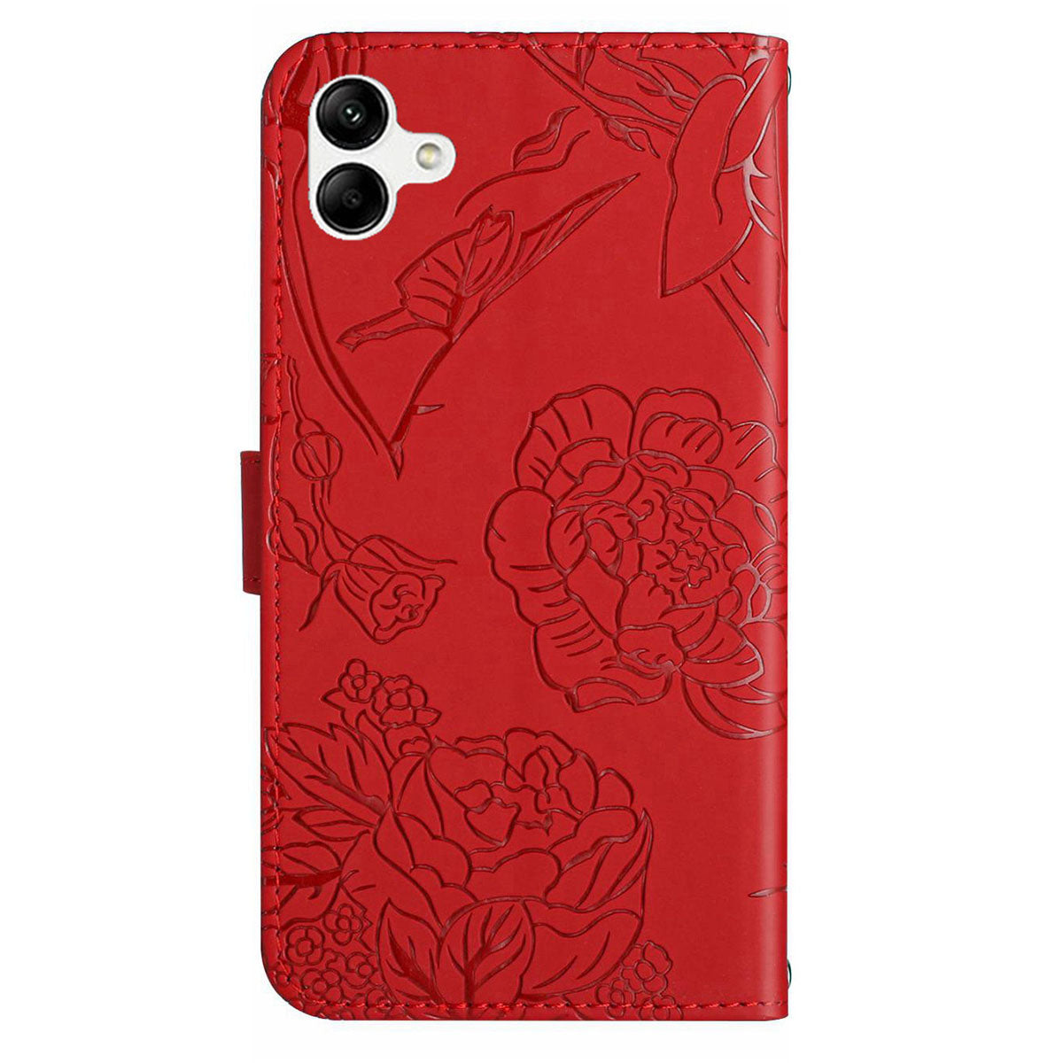 HT03 For Samsung Galaxy A06 Leather Case with Hand Strap Butterfly Flower Imprint - Red
