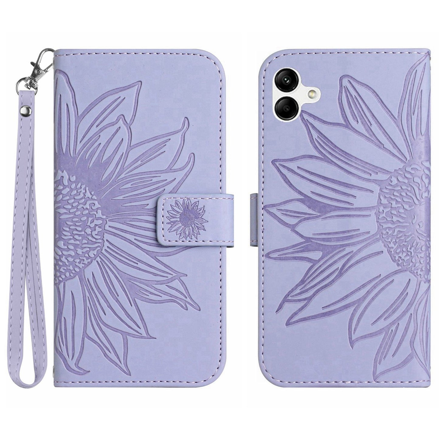 HT04 For Samsung Galaxy A06 Case Sunflower Leather Wallet Phone Cover with Wrist Strap - Light Purple