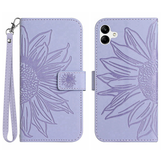 HT04 For Samsung Galaxy A06 Case Sunflower Leather Wallet Phone Cover with Wrist Strap - Light Purple