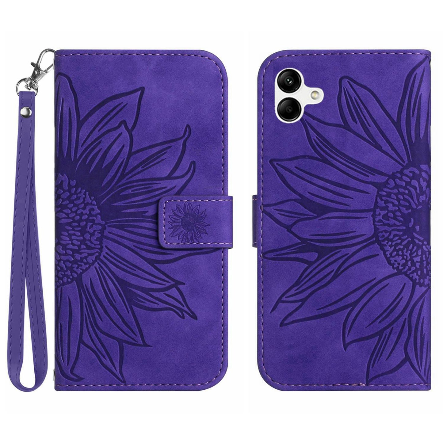 HT04 For Samsung Galaxy A06 Case Sunflower Leather Wallet Phone Cover with Wrist Strap - Dark Purple