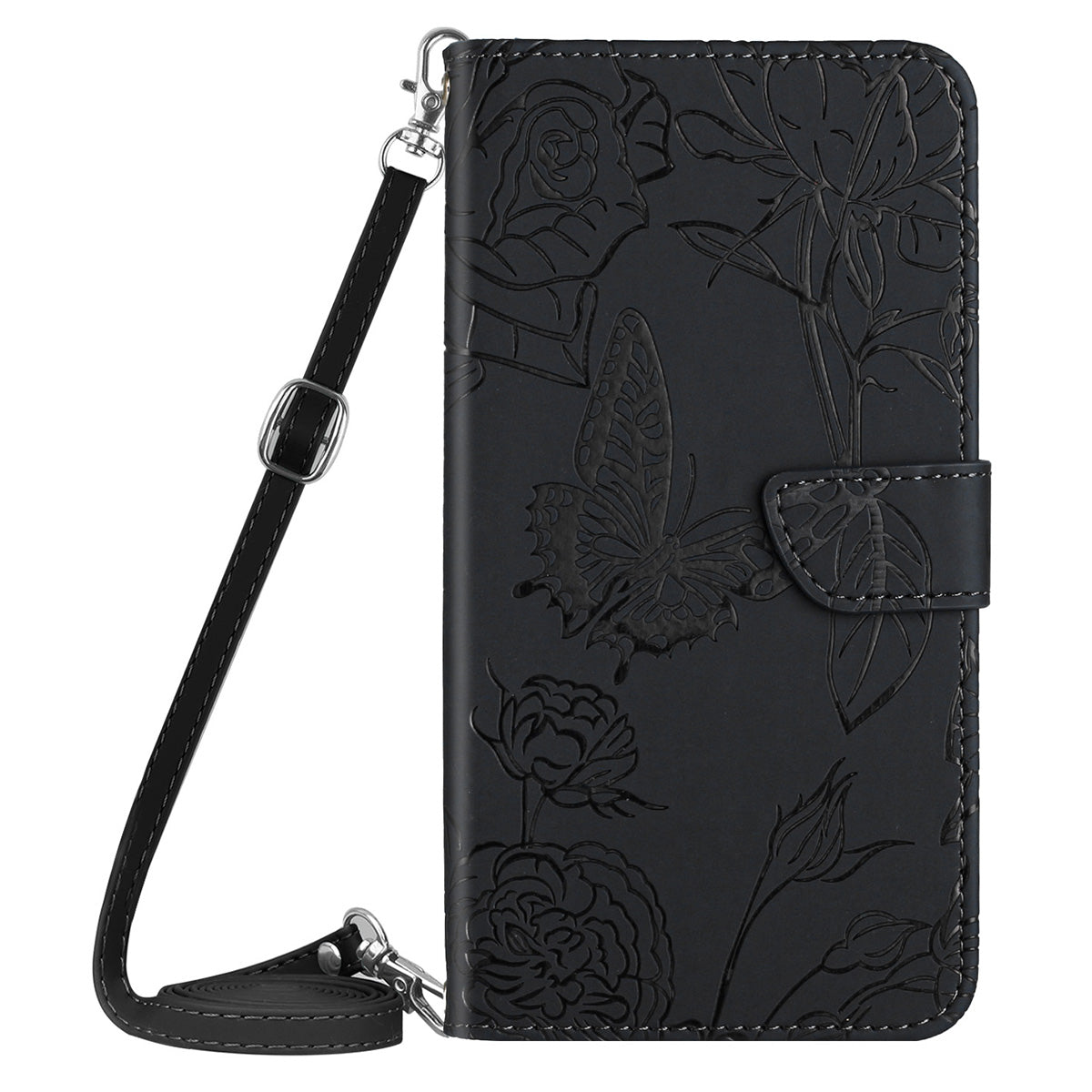 HT03 For Samsung Galaxy A06 Case Butterfly Flower Imprint Leather Phone Cover with Shoulder Strap - Black
