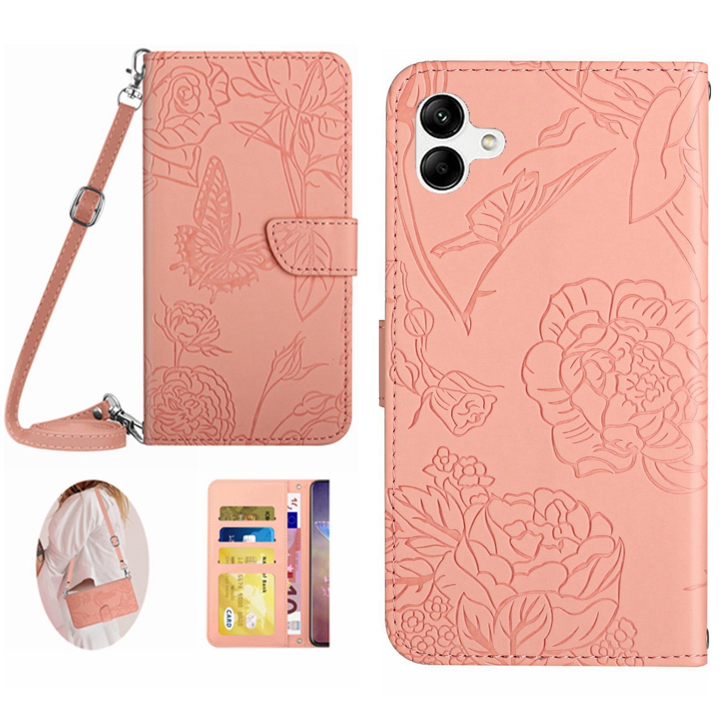 HT03 For Samsung Galaxy A06 Case Butterfly Flower Imprint Leather Phone Cover with Shoulder Strap - Pink