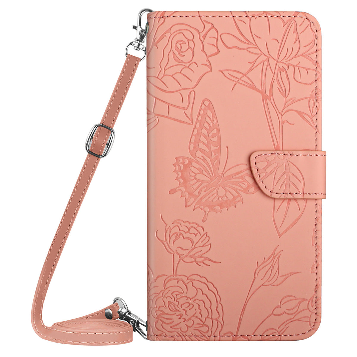 HT03 For Samsung Galaxy A06 Case Butterfly Flower Imprint Leather Phone Cover with Shoulder Strap - Pink
