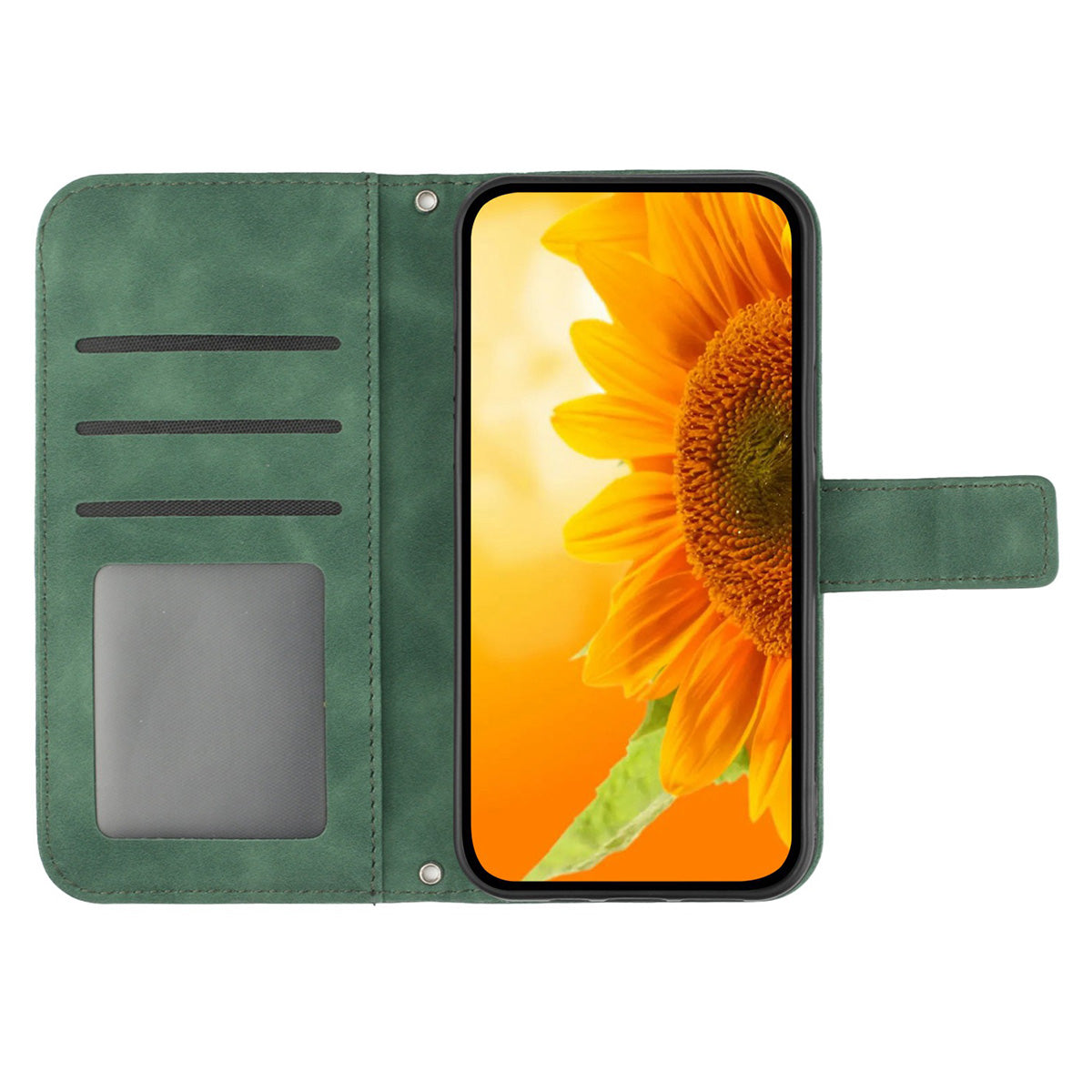 HT04 For Samsung Galaxy A06 Case PU Leather Sunflower Imprint Phone Cover with Long Strap - Dark Green