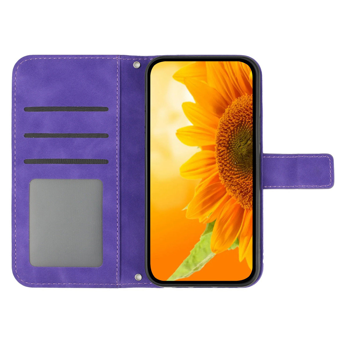 HT04 For Samsung Galaxy A06 Case PU Leather Sunflower Imprint Phone Cover with Long Strap - Dark Purple