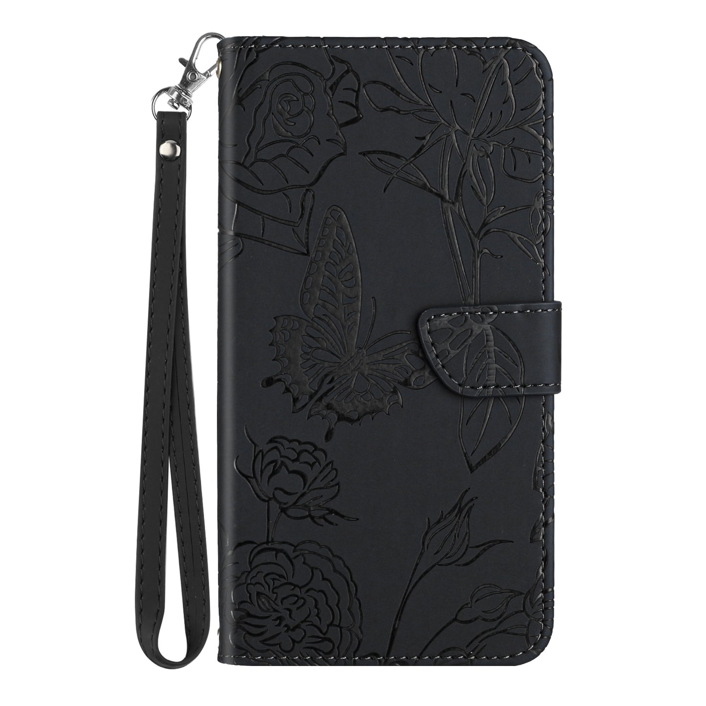 HT03 For Samsung Galaxy A16 5G / A16 4G Phone Case Butterfly Flower Imprint Leather Cover with Strap - Black