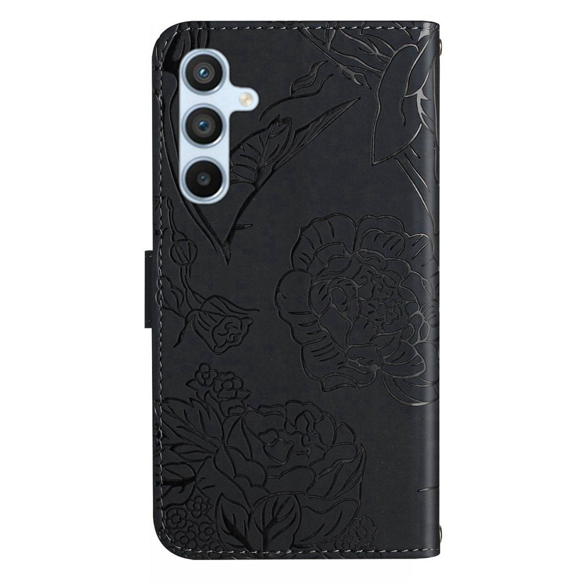 HT03 For Samsung Galaxy A16 5G / A16 4G Phone Case Butterfly Flower Imprint Leather Cover with Strap - Black