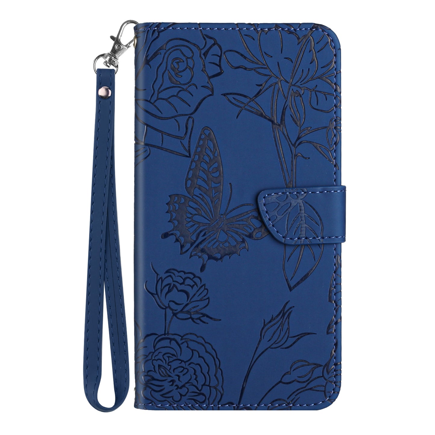 HT03 For Samsung Galaxy A16 5G / A16 4G Phone Case Butterfly Flower Imprint Leather Cover with Strap - Blue