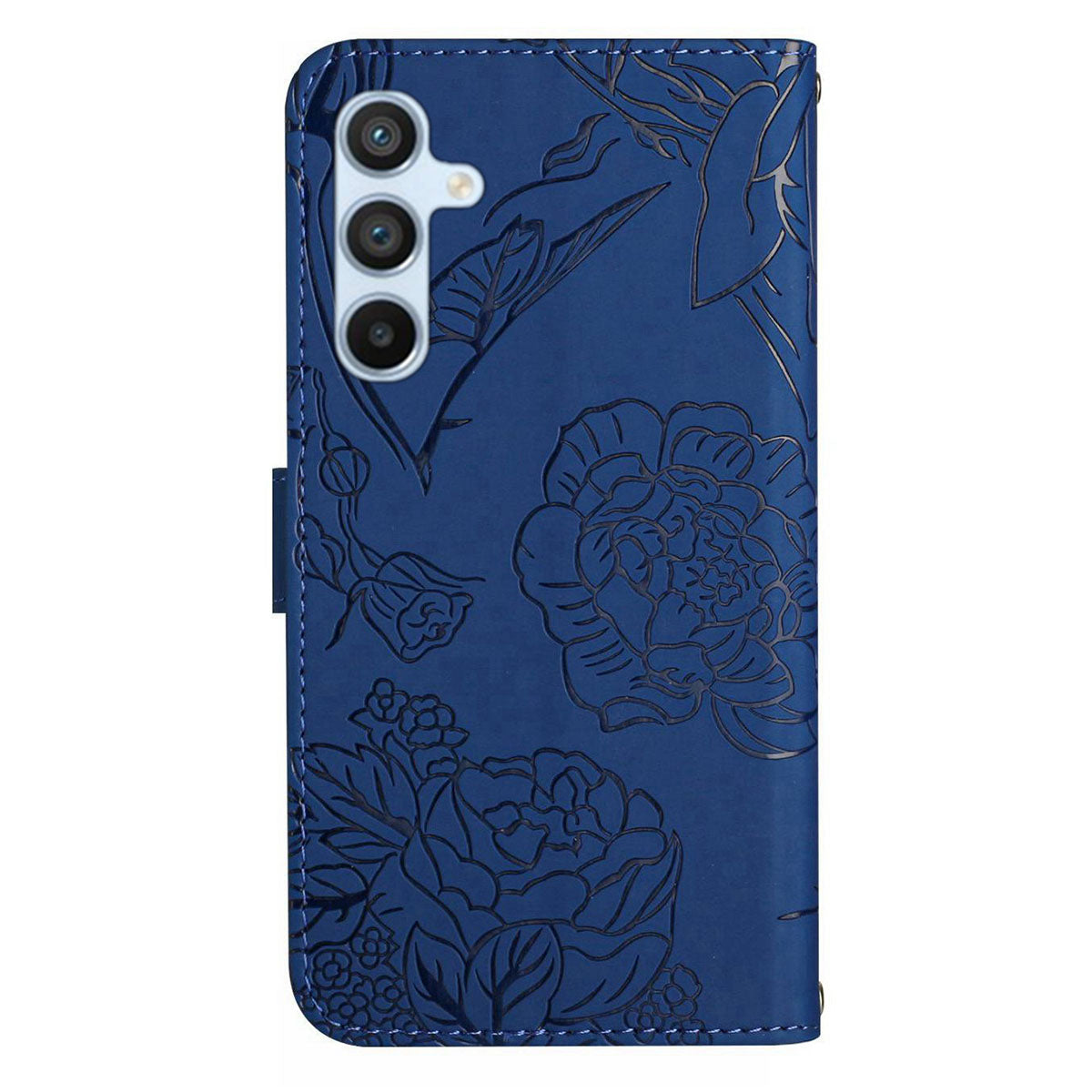 HT03 For Samsung Galaxy A16 5G / A16 4G Phone Case Butterfly Flower Imprint Leather Cover with Strap - Blue